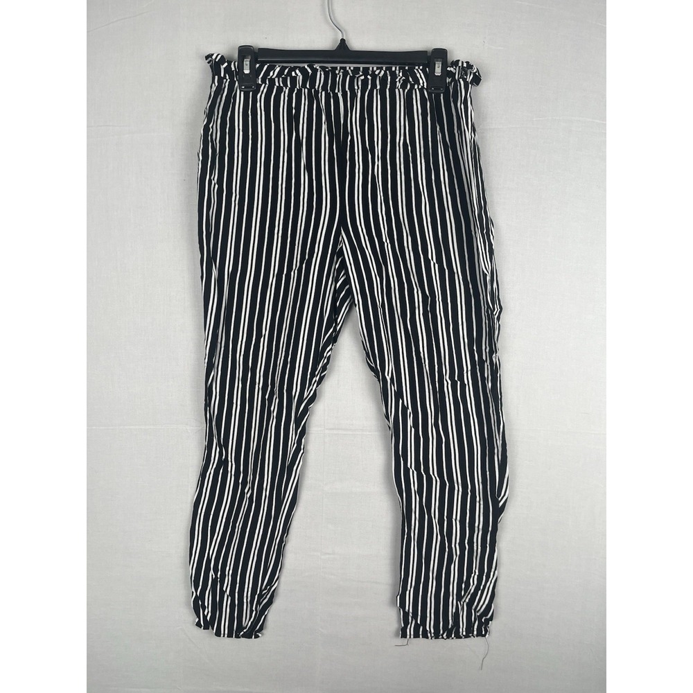 M Fasis Womens Striped Paperbag Waist Pants Medium Black White Rayon